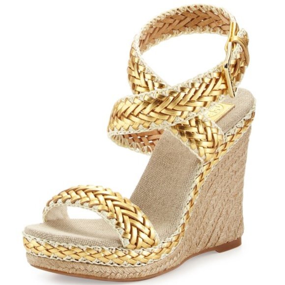 Tory Burch Shoes - Tory Burch 'Paloma' Woven Metallic Wedge Sandals